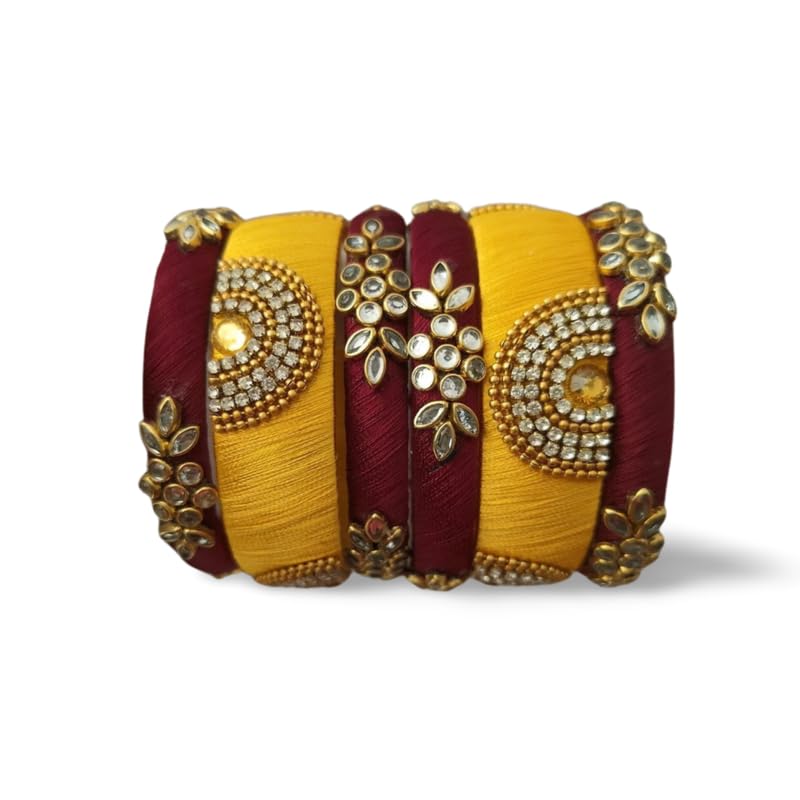 IJYASihan Handicrafts Kundan Work Silk Thread Bangle Kada For Women Girls 6 PC Set Wedding & Festive Occasion