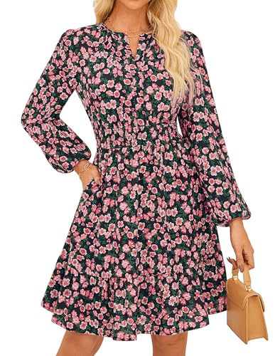 GRACE KARIN Damen Boho Kleid Festliches Kleid Damen Hochzeit Blumenmuster A-Linie Midikleid Schwarz Boden rote Blumen S