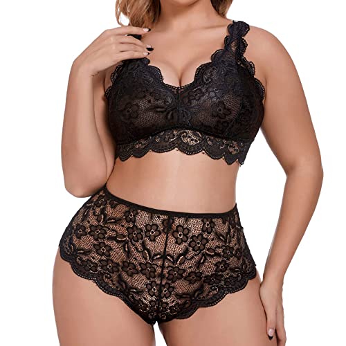 Damen Dessous-Set 2tlg Strapse Spitze Reizwäsche Set Mit Strumpfhalter Erotisch BH Und Höschens Set Erotische Netz Lingerie Set Große Größe Negligee Damen Sexy Set Schwarz 4XL