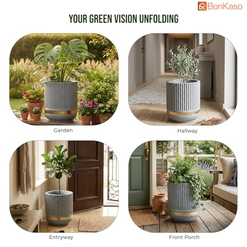 Image of BonKaso 14 Inch Tower Plant Pot for Indoor & Outdoor | Modern Lightweight Polymer Planter | Weather, UV & Frost Resistant | Ideal for Living Room, Balcony, Office & Nursery (Light Grey)