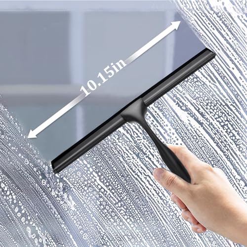 Image of 10 inch Stainless Steel Shower Squeegee for Shower Glass with Adhesive Hook for Cleaning Bathroom Glass Doors Car Window Mirrors and Tile Wall (Matte Black + Hook)