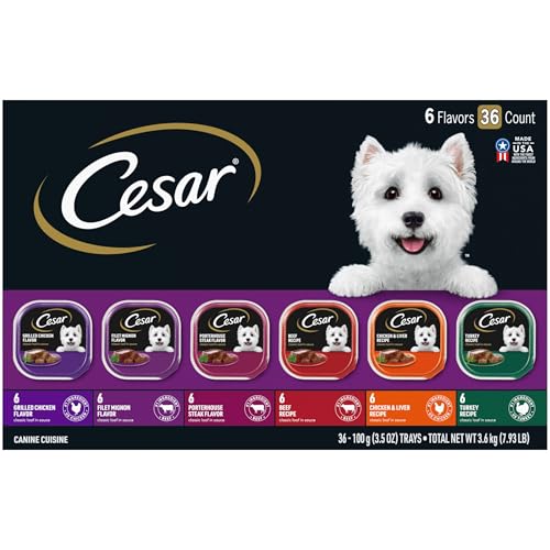 Cesar Wet Dog Food Classic Loaf in Sauce Grilled Chicken, Filet Mignon, Porterhouse Steak, Beef, Chicken & Liver and Turkey Variety Pack 3.5 oz. Easy Peel Trays (36 Count, Pack of 1)
