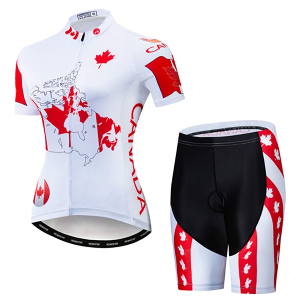 WeimoMonkey Women's Short Sleeve Cycling Jersey Quick Dry MTB Clothing Bike Top + 3D Shorts Set Red White S