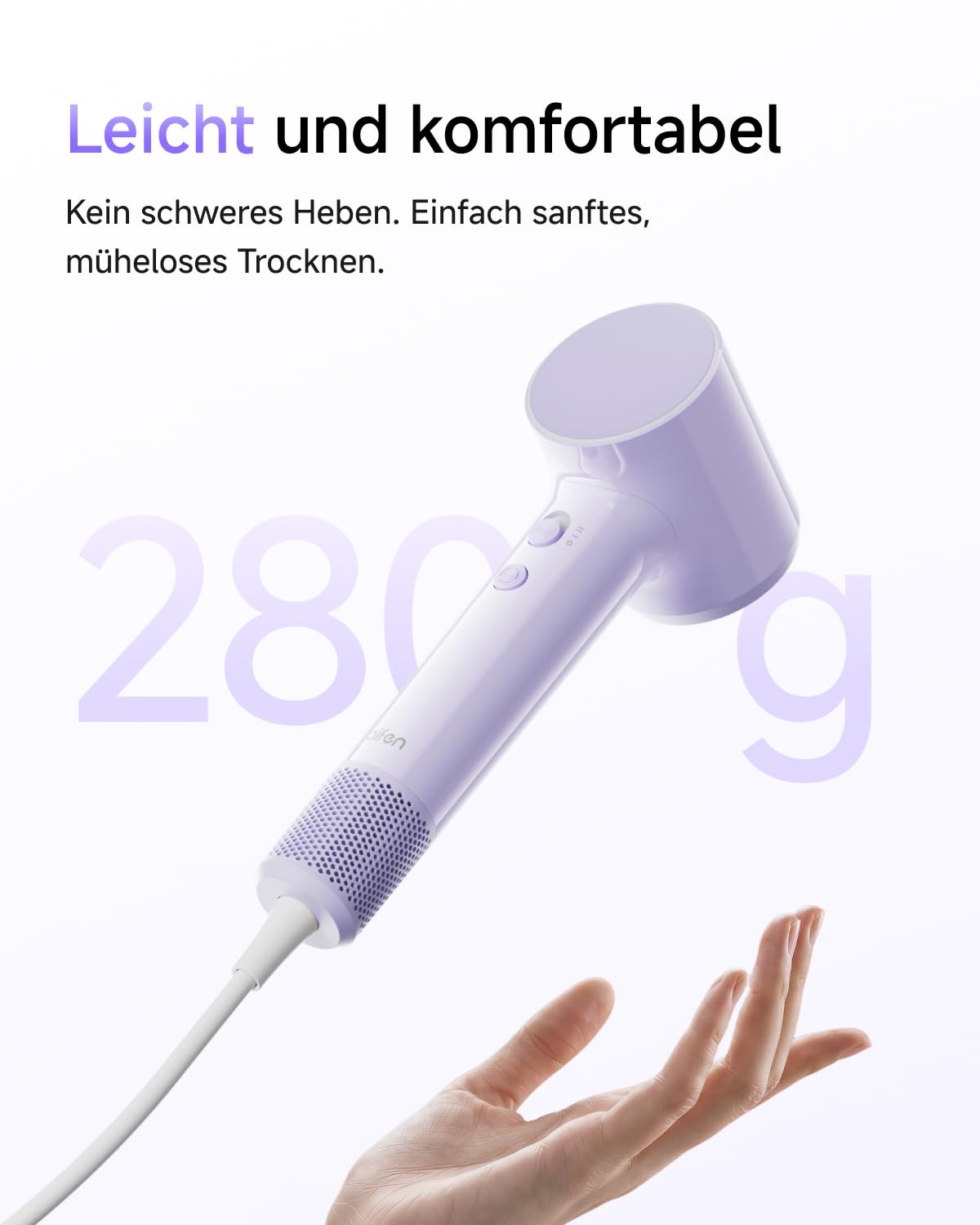 Laifen Air Haartrockner, 280 g leicht, bis zu 15× schneller, Lavendel | Glättungsdüse, 200M Ionen, 110.000 U/min, 60 dB, Thermo-Control, 3 Min. Schnelltrocknung, Kindermodus, Reiseföhn