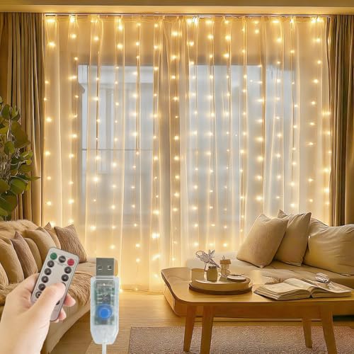 Patioman Fairy Curtain Lights, 200 LED Upgraded Tangle-Free Hanging Lights with Remote, USB Plug in String Lights for Bedroom Wall Window Wedding Party Xmas Home Décor - 9.8 x 6.6 Ft, Warm White