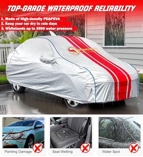 Image of XUV 300 100% Waterproof Car Cover for All Weather Protection with Mirror & Antena Pocket Inner Cotton Triple Stitched Cover with Adjustable Belt Bottom Elastic to Secure Fit- SRED