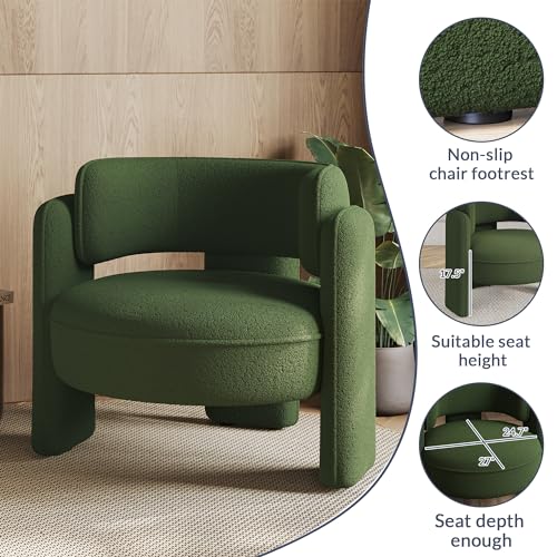 Image of BELLEZE Sherpa Boucle Chair Set of 2, Modern Barrel Accent Chair Comfy Round Upholstered Armchair Accent Side Chair for Living Room, Bedrooms, Corner - Quinton (Green)