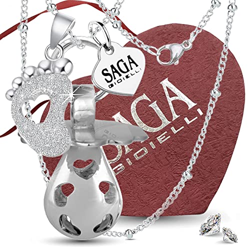 SAGA GIOIELLI - Collana Chiama Angeli Gravidanza Lunga con Ciondolo Richiamo Degli Angeli Gravidanza, Idee Regali per Donne Incinte come Porta Fortuna, Regalo per Futura Mamma (PIEDINO CRISTALLI)