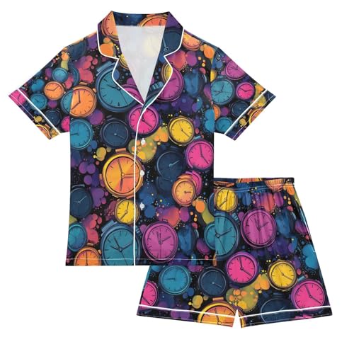 senya Colorful Alarm Clock Satin Summer Pajama Sets Silk Short Sleeve Button Down Sleepwear