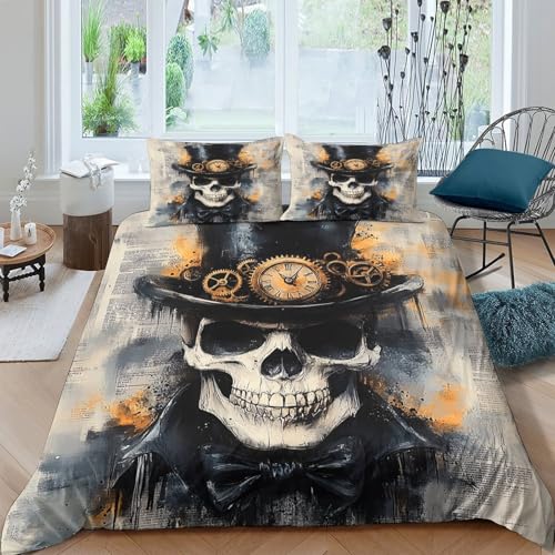 Linge de lit microfile 135x200 cm avec housse de couette tête de mort 3D - 2