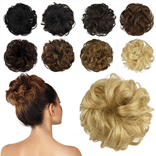 FESHFEN 100% Human Hair Bun Extension, Messy Bun Hair Piece Curly Hair Scrunchies Chignon Ponytail Extensions for Women Girls Updo Donut Hairpiece Dark Bleach Blonde