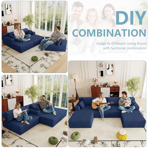 Image of 124 inch Boneless Cloud Sectional Couch Modular Sofa with Ottoman | Modern U-Shaped Couches, Comfy Corduroy Memory Foam Sofas with Oversized Chaise for Living Room (Blue, Left-Facing Chaise)