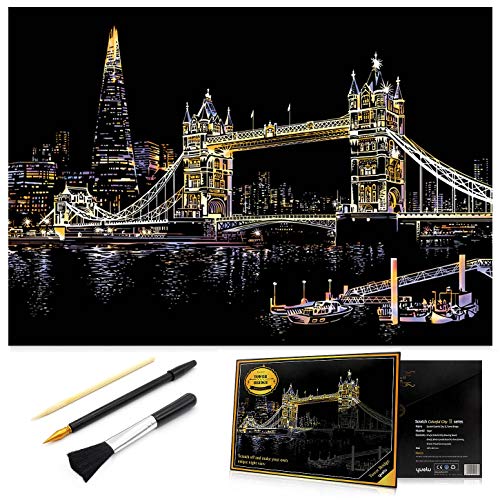 MIASTAR Scratch Painting Kits for Adults & Kids, Craft Art Set, Rainbow Scratch Art Painting Paper, Sketch Pad DIY Night View Scratchboard, 16'' x 11.2'' Creative Gift - with 3 Tools (Tower Bridge)