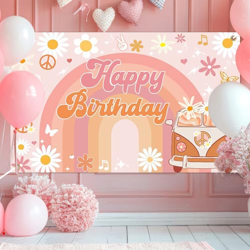 Image of Avezano Groovy Birthday Banner for Retro Hippie Birthday Party Decorations Girls Daisy Flower Boho Rainbow Theme Photoshoot Backdrops 70.8 x 43.3 Inch
