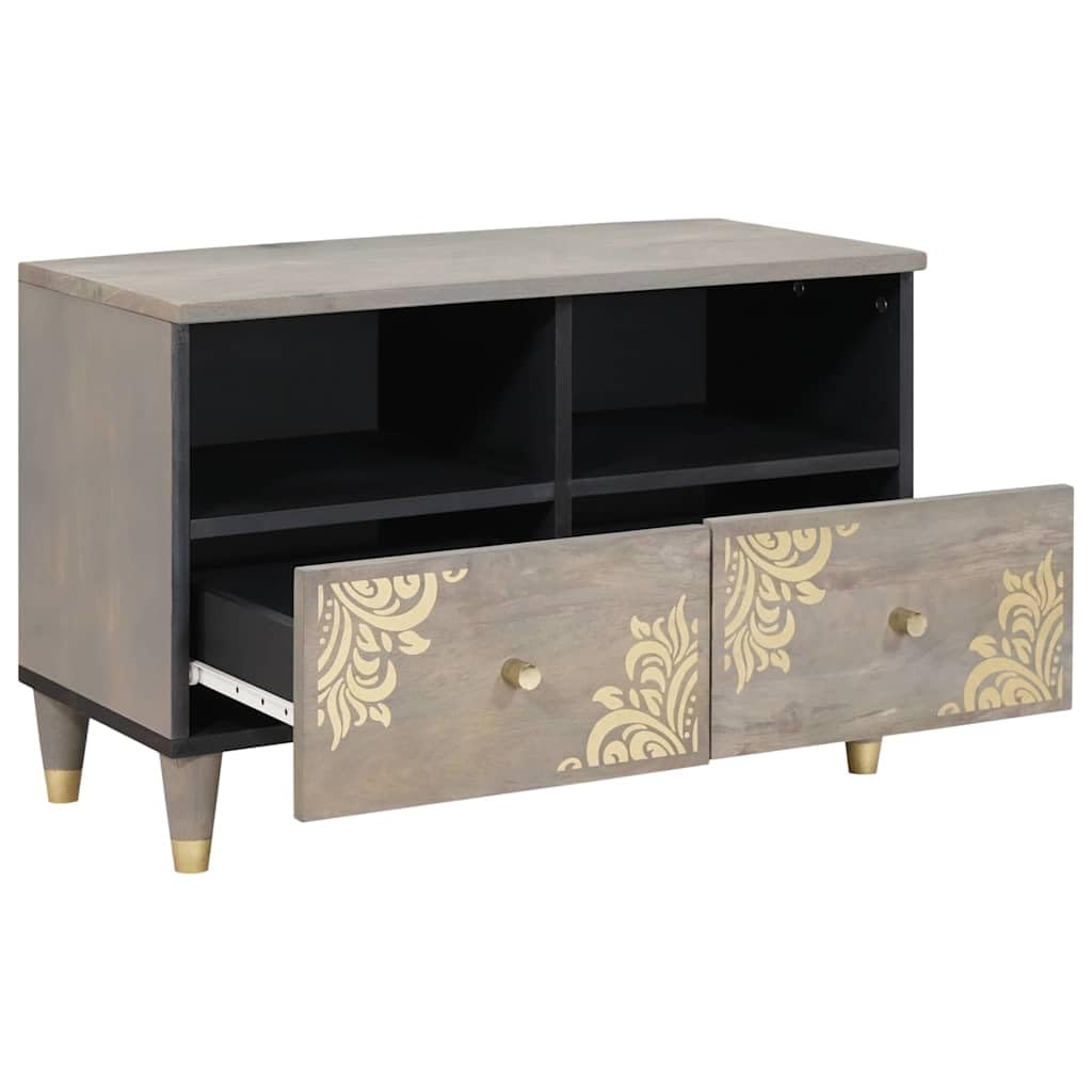 Mueble de TV gris de madera de mango macizo 70x33x46 cm con asas de latón