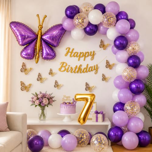 Image of 62Pcs Purple Butterfly Birthday Decorations for Girls - Pastel & Dark Purple, White, Gold Balloon Garland Arch Kit with 3D Butterfly Wall Stickers, Happy Birthday Banner, Pump (7th Birthday)