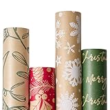 YANGTE Vintage Recyclable Christmas Wrapping Paper Rolls, Brown Kraft Wrapping Paper with Red and Green Pattern, Holiday Gift Wrapping Paper Christmas Rolls, 17x120 inch, 4 Rolls