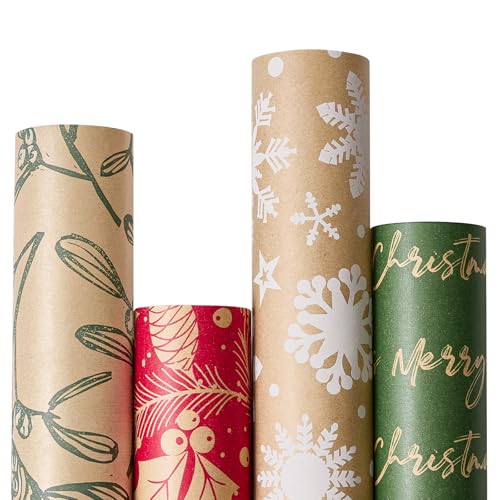 YANGTE Vintage Recyclable Christmas Wrapping Paper Rolls, Brown Kraft Wrapping Paper with Red and Green Pattern, Holiday Gift Wrapping Paper Christmas Rolls, 17x120 inch, 4 Rolls