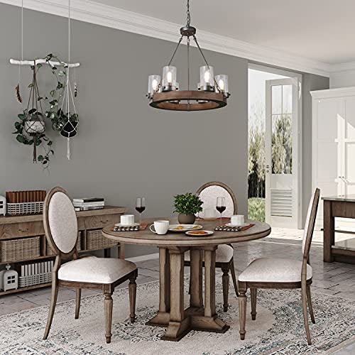 Lnc Farmhouse Chandelier, Wood Round Wagon Wheel 6-Light Fixture With Seeded Glass Shades For Dining & Living Room, Bedroom, Kitchen And Foyer #TOP5
