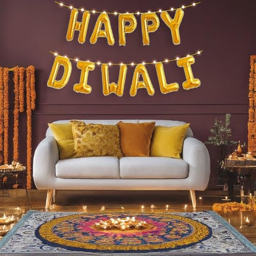 Image of AMFIN (Pack of 3) Happy Diwali Foil Balloon with LED Light - Gold