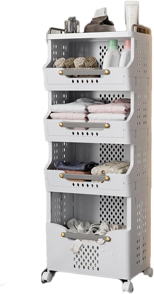 Rolling Laundry Basket, 4 Tier Foldable Plastic Laundry Cart with Handle & Wheels Multifunctional Storage Trolley for Kitchen Office Bathroom Rolling nization Basket