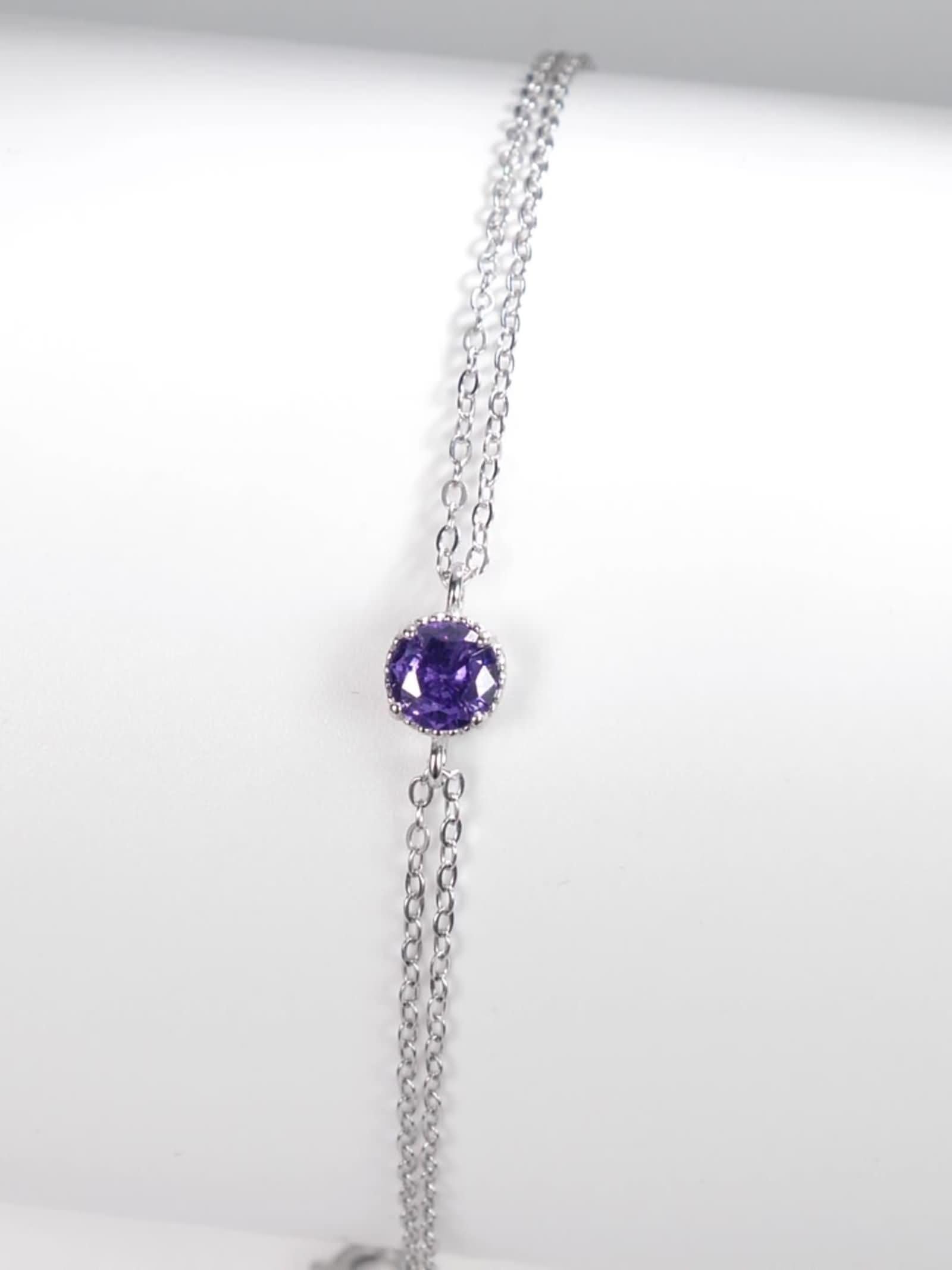 Pulseras para mujer, pulsera de cadena para mujer, cadenas de doble capa con amatista redonda y oro blanco de 0,5 quilates