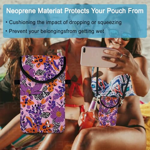 Image of Neoprene Cell Phone Sleeve Pouch Case Bag with Crossbody Strap Neck Lanyard for Women 7.5 X 4.3 in Purple Flower