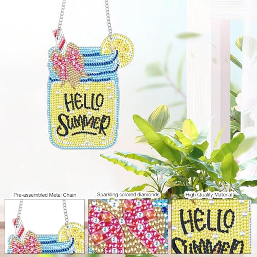 Image of AiYuanzsh Hello Summer Diamond Painting Hanging Kit, DIY 5D Jar Lemon Drink Sign Ornament, Diamond Art Hanging for Adults, Door or Wall Summer and Holiday Decoration, Handmade Crystal Art Gift
