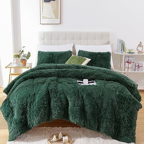 Smoofy Fluffy Queen Comforter Set, Faux Fur Comforter Set Queen Size, Luxury Fuzzy Bedding Set, Soft Shaggy Bed Set for All Season, 3 Pieces - 1 Comforter & 2 Pillowcases, Dark Green