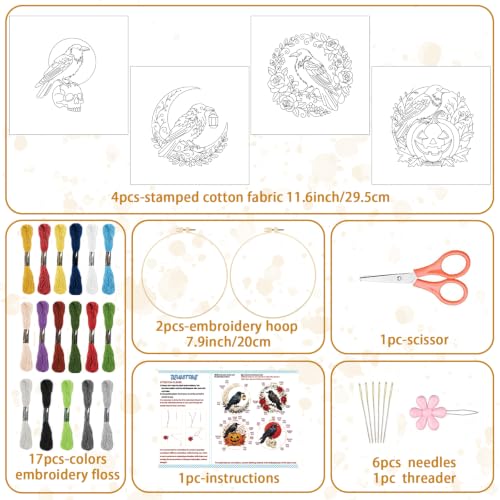 Image of BEUNITONE 4 Set Halloween Embroidery Kits for Beginners, Crow Design with Pre-Stamped Pattern Craft Kits Include Instruction and Hoops, 7.9 inchx7.9 inch Needlepoint Kits for Festival Gifts and Home Decor