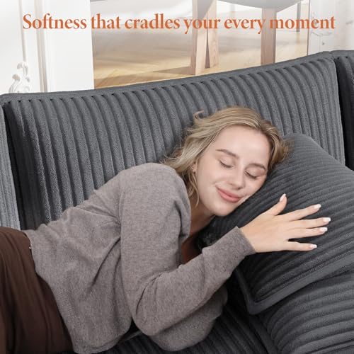 Image of Vesgantti 109 inch L Shaped Cloud Sectional Couch, Comfy Corduroy Upholstered Modular Couches for Living Room, Modern 3 Seater Sectional Sofa with Ottoman Deep Seat, Charcoal Grey