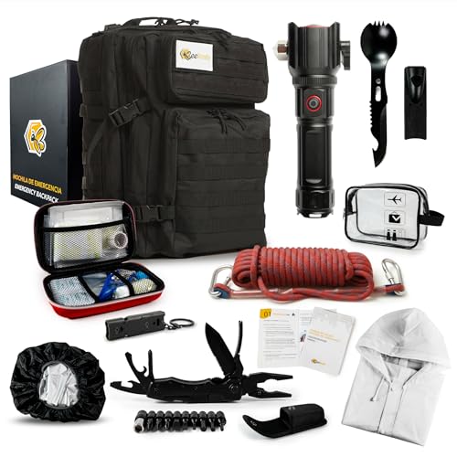 Bee Ready Kit Supervivencia Emergencia Completo – Mochila militar 45L, Linterna LED táctica, Botiquín de primeros auxilios, Cuchillo multiherramienta, Manta térmica– 25 piezas, 3 colores