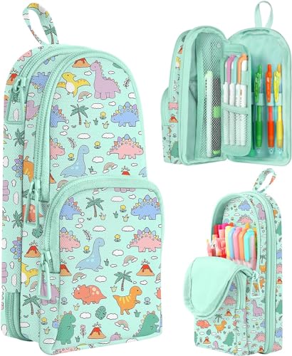 Image of Dravina Canvas Large Capacity Pencil Pouch with 3 Zippers & 5 Compartments| Aesthetic Stationary Standing Pencil Case| Waterproof School Box for Girls & Boys Unicorn Pencil Box (Green Dinosaur)