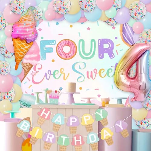 Image of Four Ever Sweet 4th Birthday Decorations for Girl Ice Cream 4 Year Old Birthday Decor Pink Donut Number 4 Balloon Backdrop Party Supplies