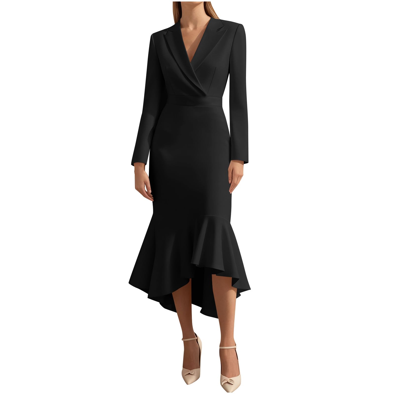 Womens Long Sleeve Blazer Dress V Neck Formal Elegant Ruffle Work Business Casual Asymmetrical Hem Fall Midi Dress