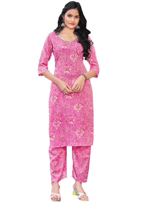 Image of London Hills Women Printed Kurta with Pant Salwar Suit Set || Plazo Kurti Cotton Set