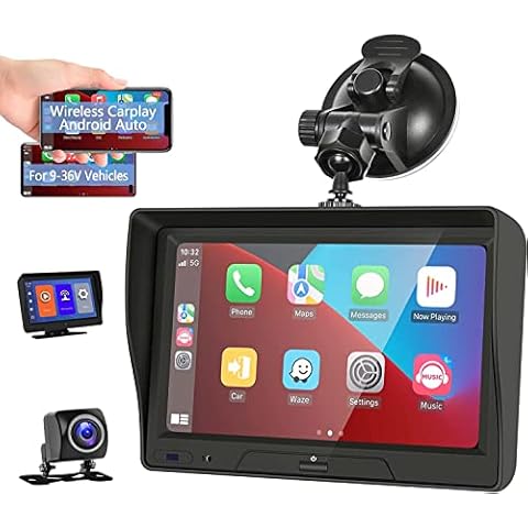 Wireless Apple Carplay Android Auto Portable Car Radio Bluetooth 7" Touch Screen Vehicle Backup Camera Set Driving Recorder 2 Split Screen DVR Loop Recording Voice Control DC 9V-36V Cover