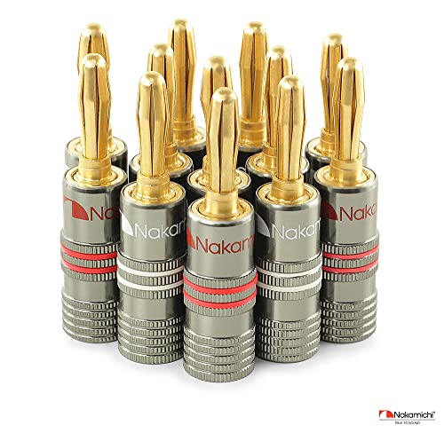 Nakamichi Ultimate Series 24K Gold Plated Beryllium Red Copper Banana Plug 12-18 AWG Gauge Size 4mm Connector for Speakers Wire Amplifiers Hi-Fi Sound Systems (12 Pcs (6-Pairs), Banana Plugs)