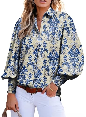 Astylish Women 2025 Loose V-Neck Shirts Paisley Print Lantern Sleeve Blouse Boho Tops