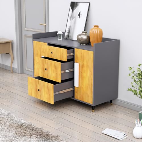 Image of Bniture Wooden Sideboard Cabinet for Living Room | Wooden Storage Cabinet with 2 Door & 3 Drawer | Engineered Wood Multipurpose Cabinet with Spacious Shelves for Home | Slate Grey & Giant Wood