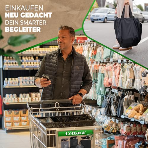 Cottara® Einkaufstasche für Einkaufswagen mit Kühlfach | Faltbare Einkaufswagentasche zum einhängen mit Kühlfunktion & Einkaufschip | Ideale Tasche für Einkaufswagen und Shopper (Schwarz mit Kühlfach)