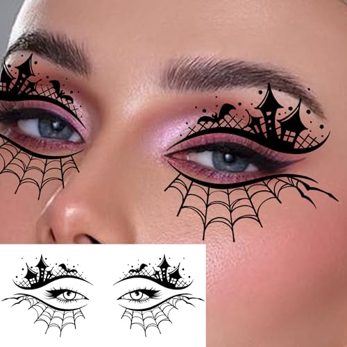 Image of 7 Sheets Scary Face Tattoos Halloween Temporary Tattoos Eyelid Eyeliner Eye Shadow Sticker, Realistic Spiderweb Blood Vessel Fake Scar Bleeding Eye Tattoos Halloween Costume Zombie Witch Makeup Kit