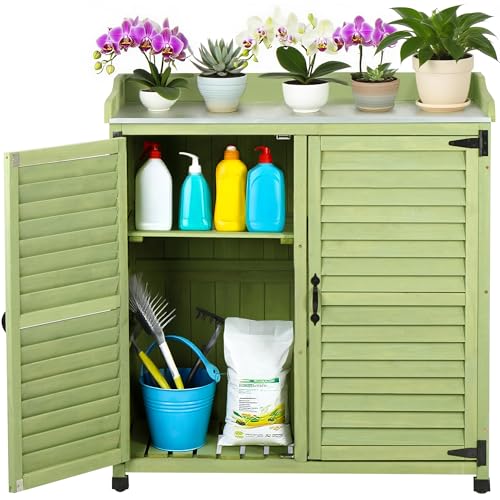 FTCBNet Green Outdoor Potting Bench with Metal Work Top & Vented Louvered Doors,Waterproof Garden Storage Cabinet,Wooden Tool Station Shed for Backyard,Patio,Lawn Gardening