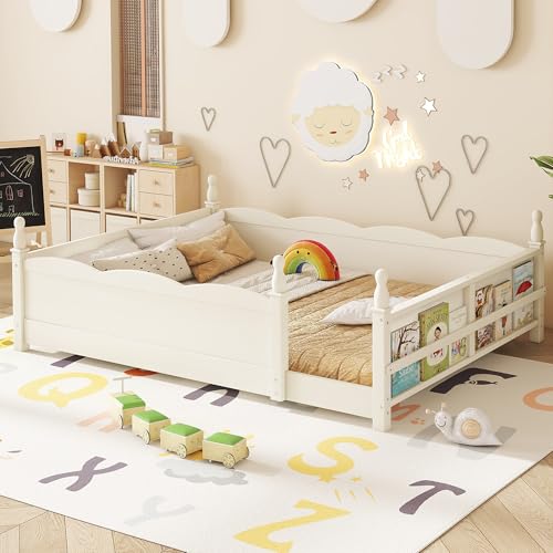 Image of Bellemave Queen Size Montessori Floor Bed Frame with High Fence, Solid Wood Kids Floor Bed with Bookshelf, Low Profile Bed for Boys & Girls, Childlike Design,Beige