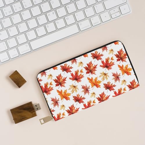 Leather Thin Slim Wallets for Women Men - Fashion Vintage Maple Leaf Print Card Wallet Holder with Zipper4