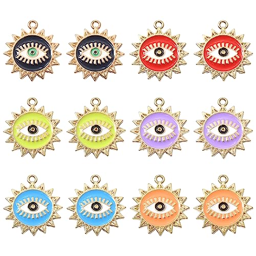 Stiesy 30Pcs 6 Colors Enamel Evil Eye Charms Colorful Sun with Evil Eye Charms Cute Horse Eye Charms for Jewellry Making DIY Crafts Bracelet