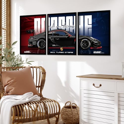 Image of ARTELLY Big Porsche 911 GT3rs Sports Car Framed Wall Posters, Set of 3, Premium Framed Painting, Living Room Bedroom Decoration, Large Size Gift Item for Boys Room Decor (Porsche 4, 19x25 inch)