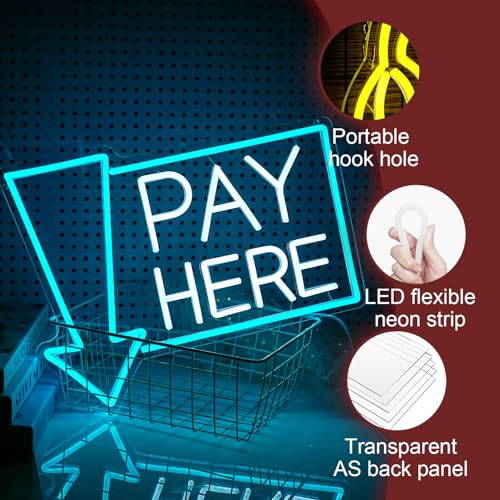 Image of Pay Here Neon Sign Bright Ice Blue White Pay Light Up Sign for Business Decor Dimmable LED Words Neon Light for Restaurant Shop Bar Neon Wall Decor (16.5 * 12.8 In)