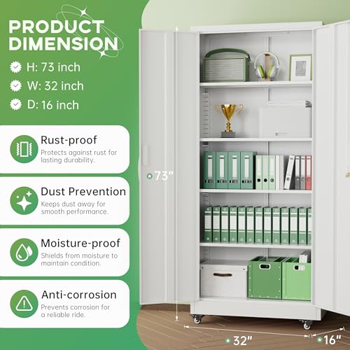 Image of INTERGREAT Metal Storage Cabinet with Wheels, 73 inch H Rolling Metal Cabinets with Doors and Shelves, White Steel Lockable Cabinet on Wheels for Garage Storage