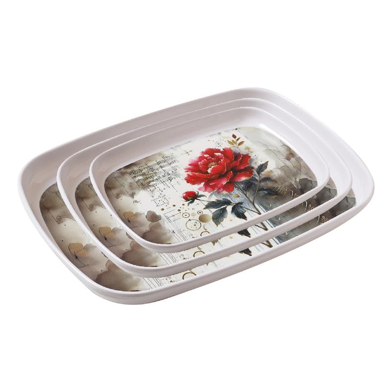 Image of Golden Fish Serving Tray Set of 3 for Different Sizes Floral Print, Rectangular Rounded Edge Tray for Kitchen, Dining & Tea Serving, Lightweight Durable Multipurpose Food & Snack Tray